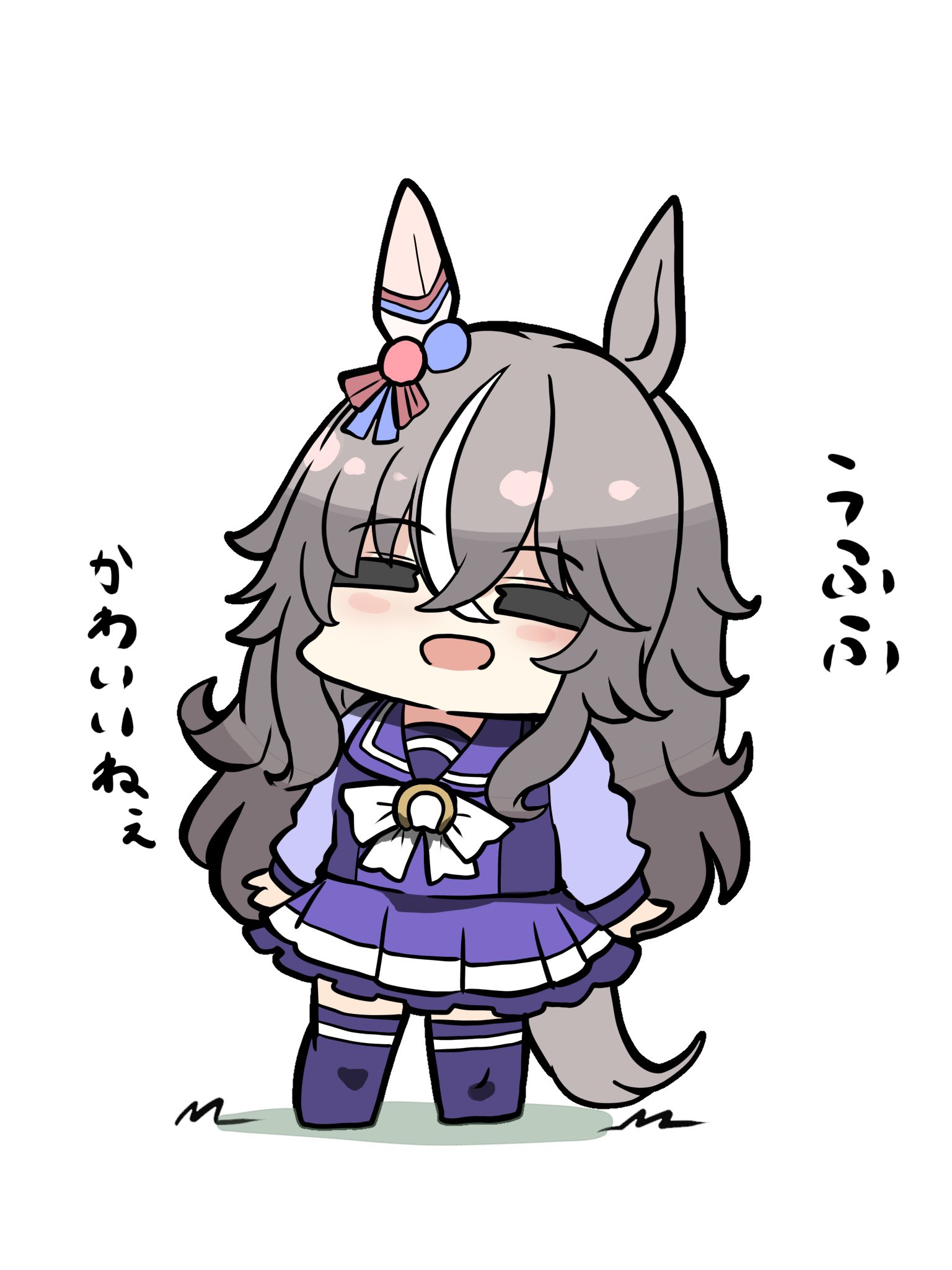 kawamochi (tddm3573), wonder acute (umamusume), umamusume, highres, translation request, 1girl, :d, animal ears, blush, bow, chibi, closed eyes, facing viewer, full body, grey hair, hair between eyes, horse ears, horse girl, horse tail, long hair, long sleeves, multicolored hair, open mouth, pleated skirt, puffy long sleeves, puffy sleeves, purple shirt, purple skirt, purple thighhighs, school uniform, shirt, simple background, skirt, smile, solo, standing, streaked hair, tail, thighhighs, tracen school uniform, very long hair, white background, white bow, white hair