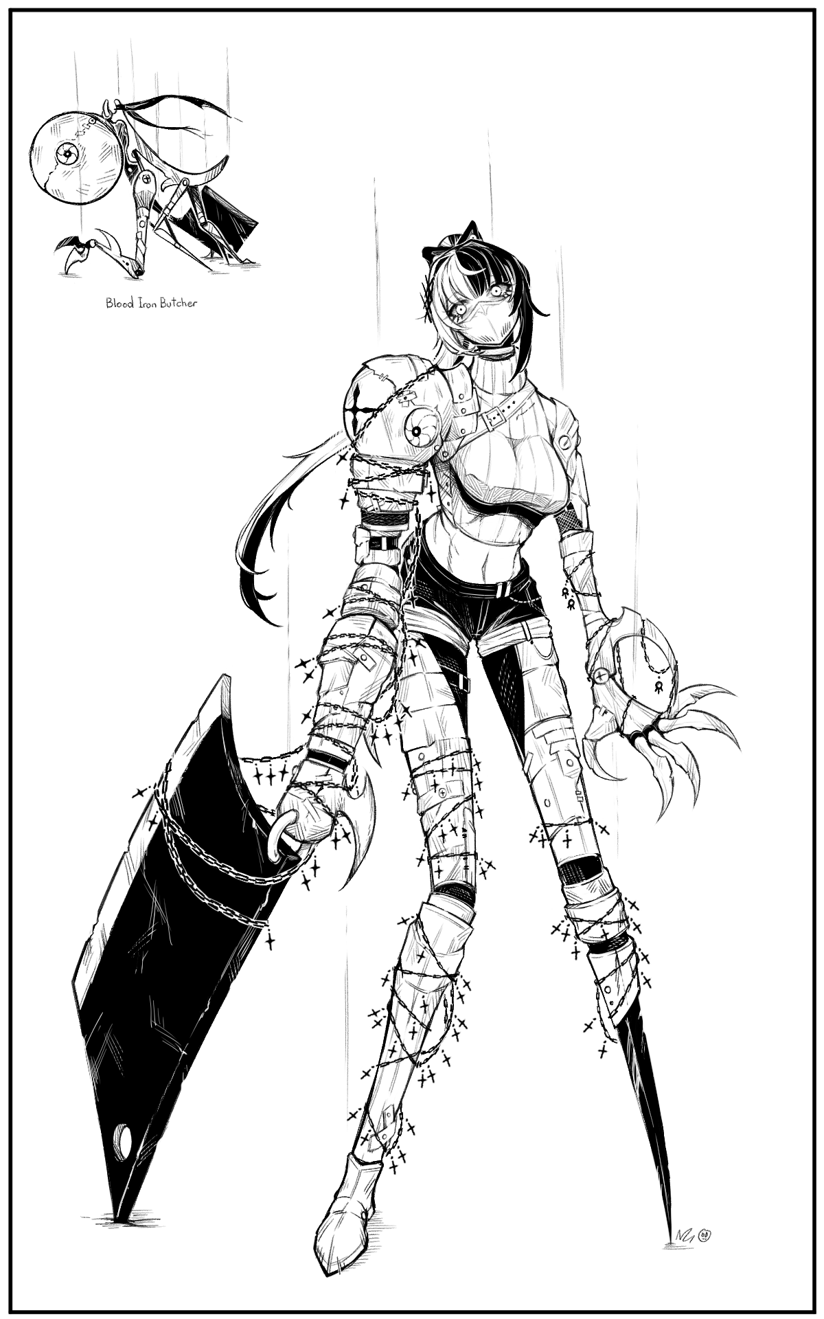 nebradisk, shiori novella, hololive, hololive english, highres, 1girl, alternate costume, bow, breasts, chain, claw (weapon), greyscale, hair bow, large breasts, looking at viewer, monochrome, multicolored hair, navel, prosthesis, prosthetic arm, prosthetic leg, solo, split-color hair, virtual youtuber, weapon