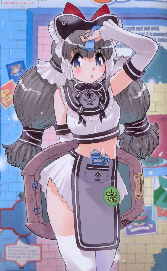 yoshizaki mine, 1girl, arm behind back, blush, braid, female focus, long hair, maid, serveuse, solo, thighhighs, twin braids, waitress, white thighhighs