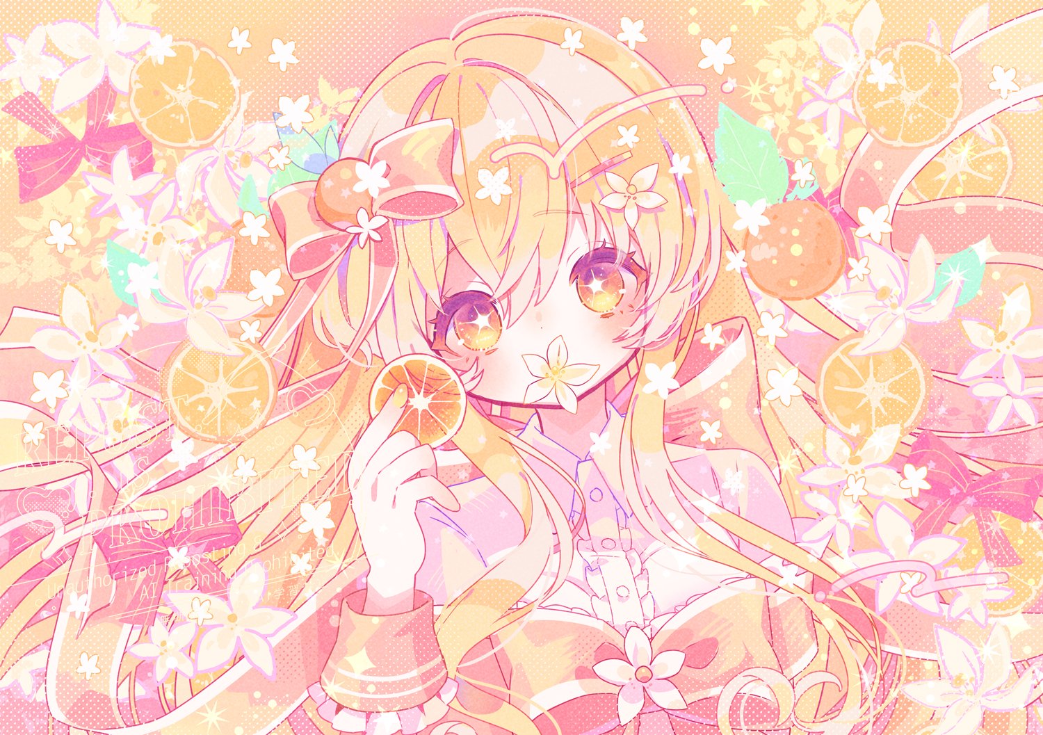 zippo (3756c), original, 1girl, blonde hair, bow, flower, food, food-themed hair ornament, frills, fruit, hair bow, hair flower, hair ornament, holding, holding food, holding fruit, long hair, looking at viewer, orange (fruit), orange bow, orange eyes, orange hair, orange slice, orange theme, shirt, solo, symbol-shaped pupils, upper body, white shirt, yellow eyes