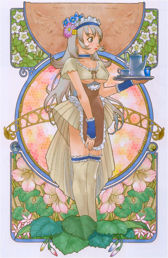 yoshizaki mine, 1girl, art nouveau, breasts, cup, female focus, flower, lipstick, long hair, maid, makeup, solo, standing, teacup, thighhighs, underboob