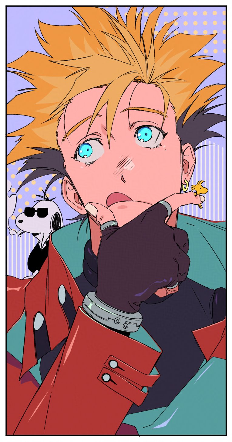 trigunzf, snoopy, vash the stampede, woodstock, peanuts (comic), trigun, highres, 1boy, bird, black gloves, black hair, blonde hair, blue eyes, border, cigarette, coat, dog, earrings, fingerless gloves, gloves, hair between eyes, hand on own chin, jewelry, male focus, mole, mole under eye, multicolored hair, purple background, red coat, single earring, smoke, smoking, spiked hair, sunglasses, tongue, tongue out, two-tone hair, upper body, white border