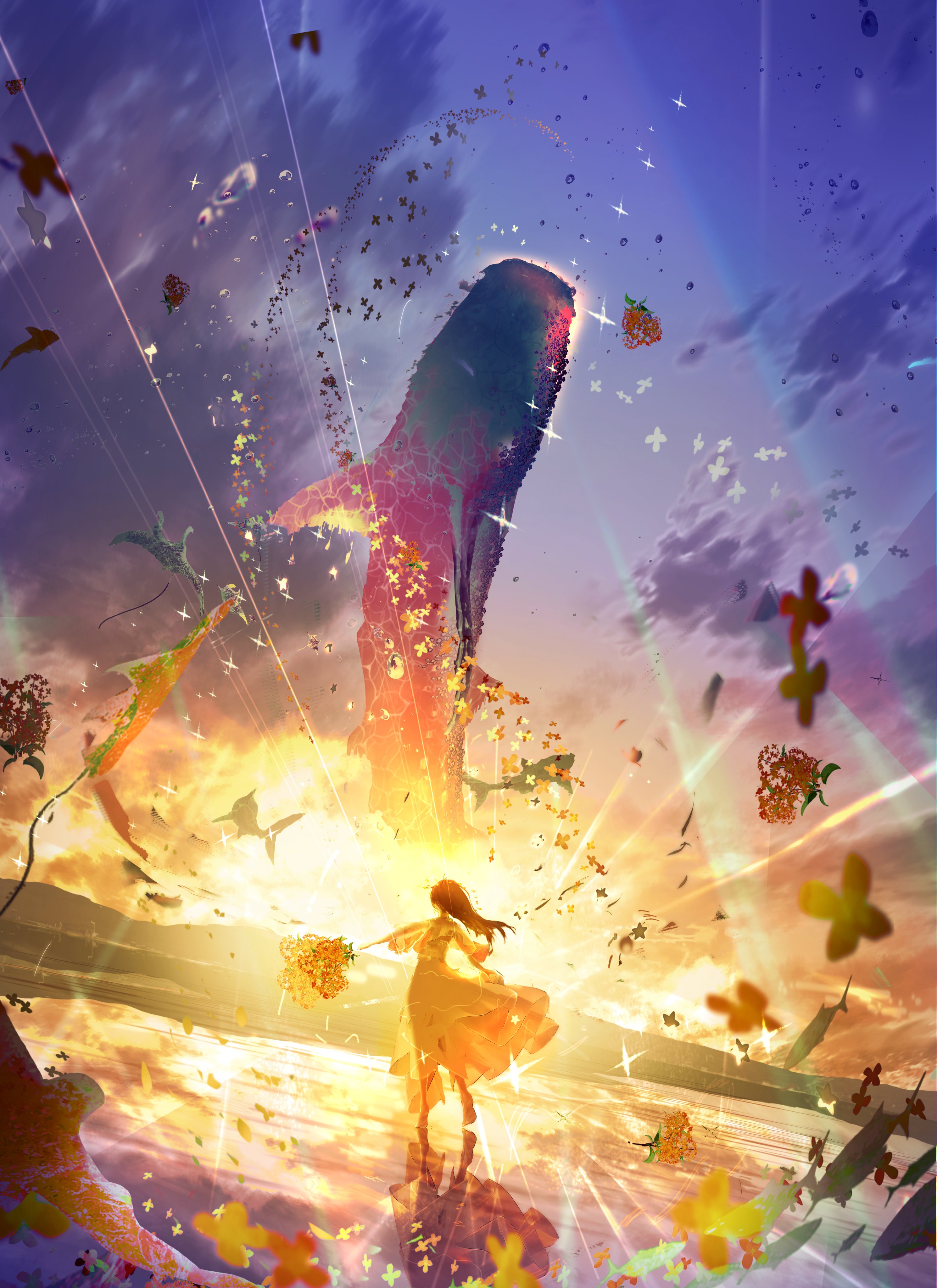 makoron117117, original, absurdres, highres, 1girl, bouquet, brown hair, cloud, dress, fantasy, flower, holding, holding bouquet, long hair, outdoors, scenery, sky, solo, standing, sunset, water, whale, white dress