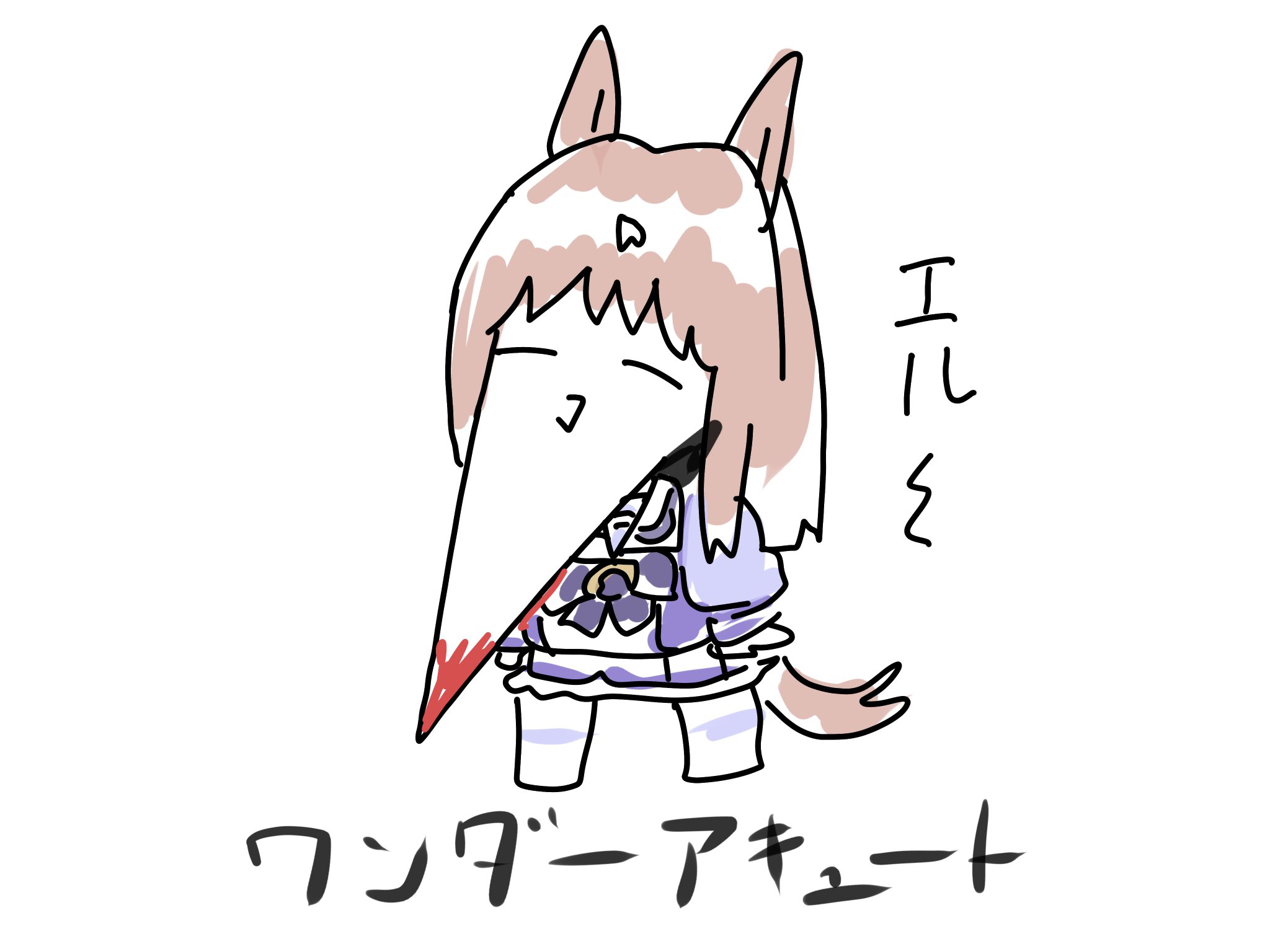 kawamochi (tddm3573), grass wonder (umamusume), umamusume, highres, translation request, 1girl, animal ears, blood, bow, brown hair, closed eyes, full body, horse ears, horse girl, horse tail, long hair, multicolored hair, pantyhose, pleated skirt, puffy short sleeves, puffy sleeves, purple bow, purple shirt, school uniform, sharp chin, shirt, short sleeves, simple background, sketch, skirt, solo, standing, tail, tracen school uniform, two-tone hair, white background, white hair, white pantyhose, white skirt
