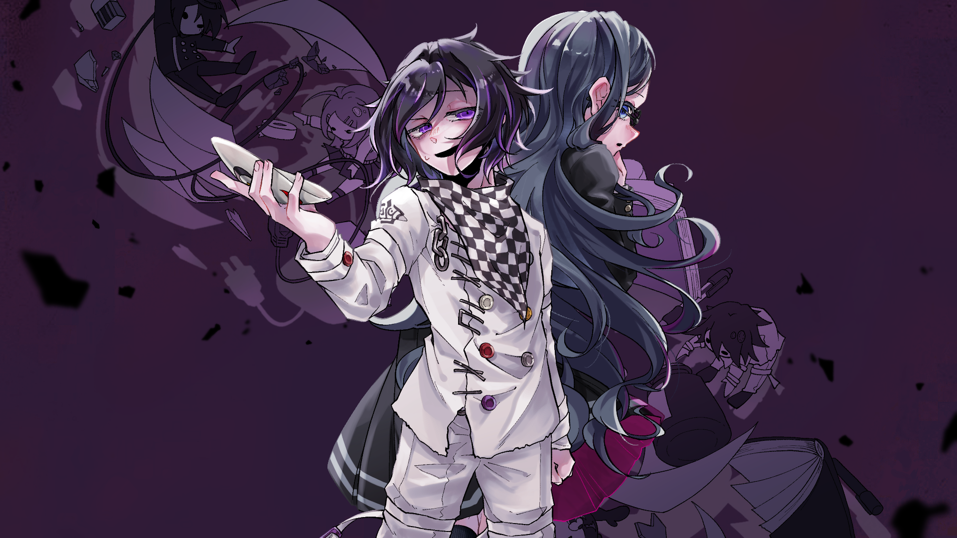 bin ta roji ka, akamatsu kaede, oma kokichi, saihara shuichi, shirogane tsumugi, danganronpa (series), danganronpa v3: killing harmony, commentary request, highres, spoilers, 1boy, 1girl, arm at side, back-to-back, black hair, black jacket, blue eyes, blue hair, book, buttons, character doll, checkered clothes, checkered scarf, clenched hand, cowboy shot, doll, flipped hair, glasses, hair between eyes, half-closed eyes, holding, holding mask, jacket, long hair, long sleeves, looking at viewer, looking back, mask, multicolored buttons, open mouth, pants, pleated skirt, purple background, purple eyes, purple hair, purple theme, scarf, school uniform, short hair, skirt, smile, sweatdrop, thigh strap, two-tone scarf, very long hair