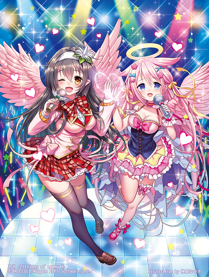 kamui natsuki, z/x, official art, 2girls, black hair, black thighhighs, blazer, blue bow, blue eyes, bow, bowtie, breasts, brown eyes, brown shoes, cleavage, concert, copyright notice, dress, feathered wings, flower, frilled dress, frilled skirt, frilled thigh strap, frills, glowstick, hair bow, hair flower, hair ornament, hairband, halo, hand on another's hand, heart, holding, holding microphone, idol clothes, jacket, large breasts, long hair, marie (z/x), microphone, multiple girls, one eye closed, open mouth, pecteilis, pink bow, pink bowtie, pink dress, pink hair, pink jacket, pink shoes, plaid bow, plaid bowtie, plaid clothes, plaid skirt, pointy ears, red skirt, shirt, shoes, skirt, sparkle, spotlight, standing, standing on one leg, star (symbol), thigh strap, thighhighs, traditional halo, very long hair, white hairband, white shirt, wings