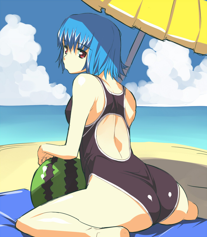 ryuuta, ryuuta (msxtr), ass, barefoot, beach, blue hair, competition swimsuit, day, food, fruit, kneeling, one-piece swimsuit, red eyes, short hair, sitting, solo, swimsuit, wariza, watermelon