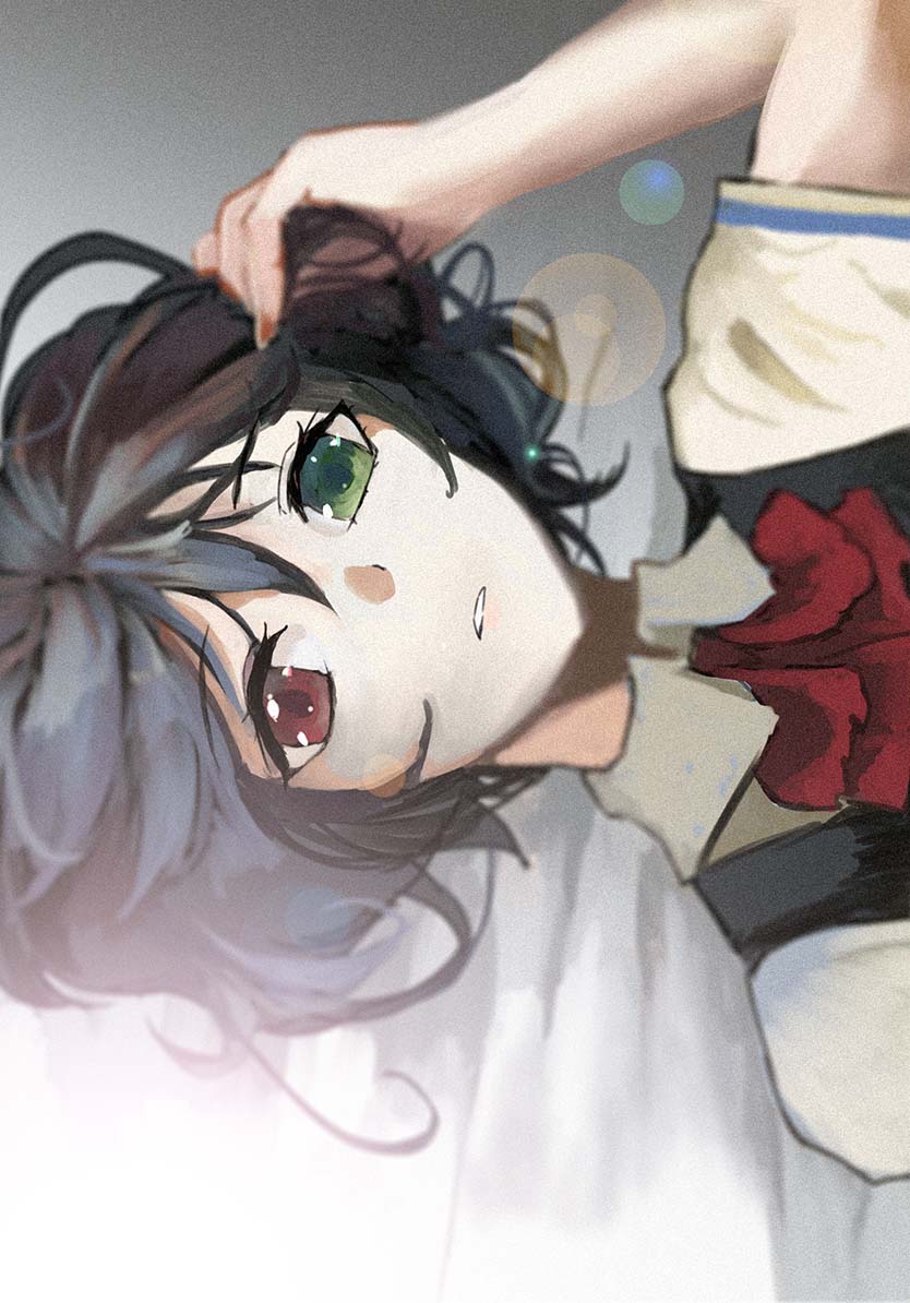 awa-zakana, misaki mei, another, commentary request, 1girl, ascot, black hair, black vest, collared shirt, green eyes, hand on own head, hetero, looking at viewer, red ascot, red eyes, school uniform, shirt, short hair, short sleeves, solo, vest, yomiyama north junior high school uniform