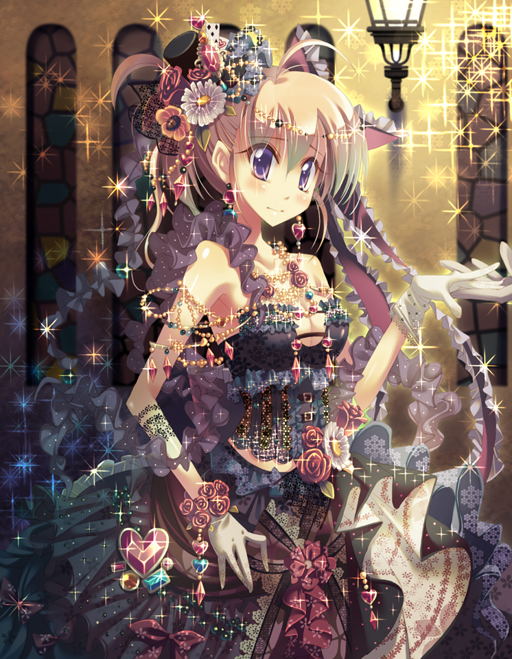 yamadori yoshitomo, original, bad id, bad pixiv id, 1girl, bare shoulders, bling, blonde hair, breasts, cleavage, dress, female focus, flower, gloves, hat, jewelry, long hair, lots of jewelry, mini hat, mini top hat, purple eyes, solo, sparkle, top hat