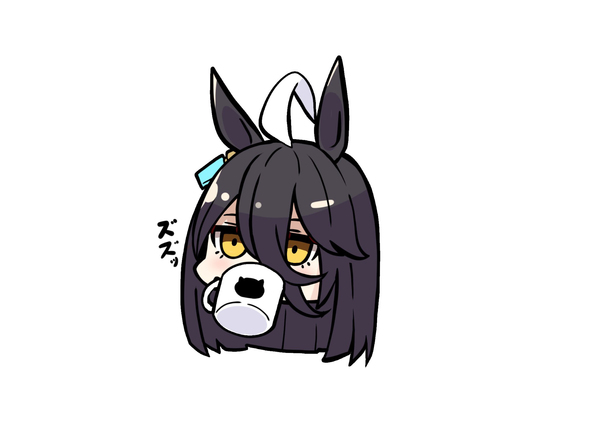 kawamochi (tddm3573), manhattan cafe (umamusume), umamusume, highres, translation request, 1girl, ahoge, animal ears, black hair, brown eyes, chibi, cup, hair between eyes, head only, horse ears, long hair, mug, multicolored hair, simple background, solo, two-tone hair, white background, white hair