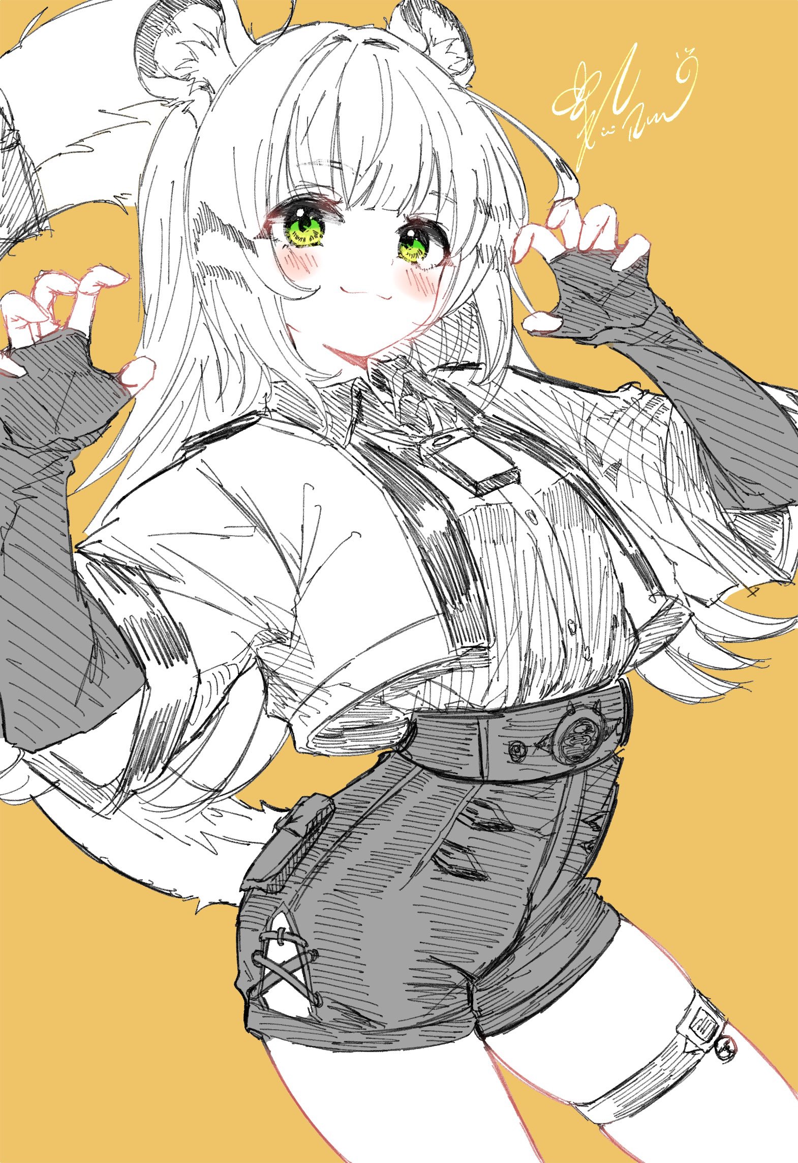 ichiya refi, ju fufu, zenless zone zero, highres, 1girl, animal ears, blush, claw pose, closed mouth, fingerless gloves, gloves, green eyes, greyscale with colored background, hatching (texture), jacket, linear hatching, long hair, looking at viewer, orange background, shirt, shorts, simple background, sketch, smile, solo, spot color, striped tail, tail, tiger ears, tiger girl, tiger tail, yellow background