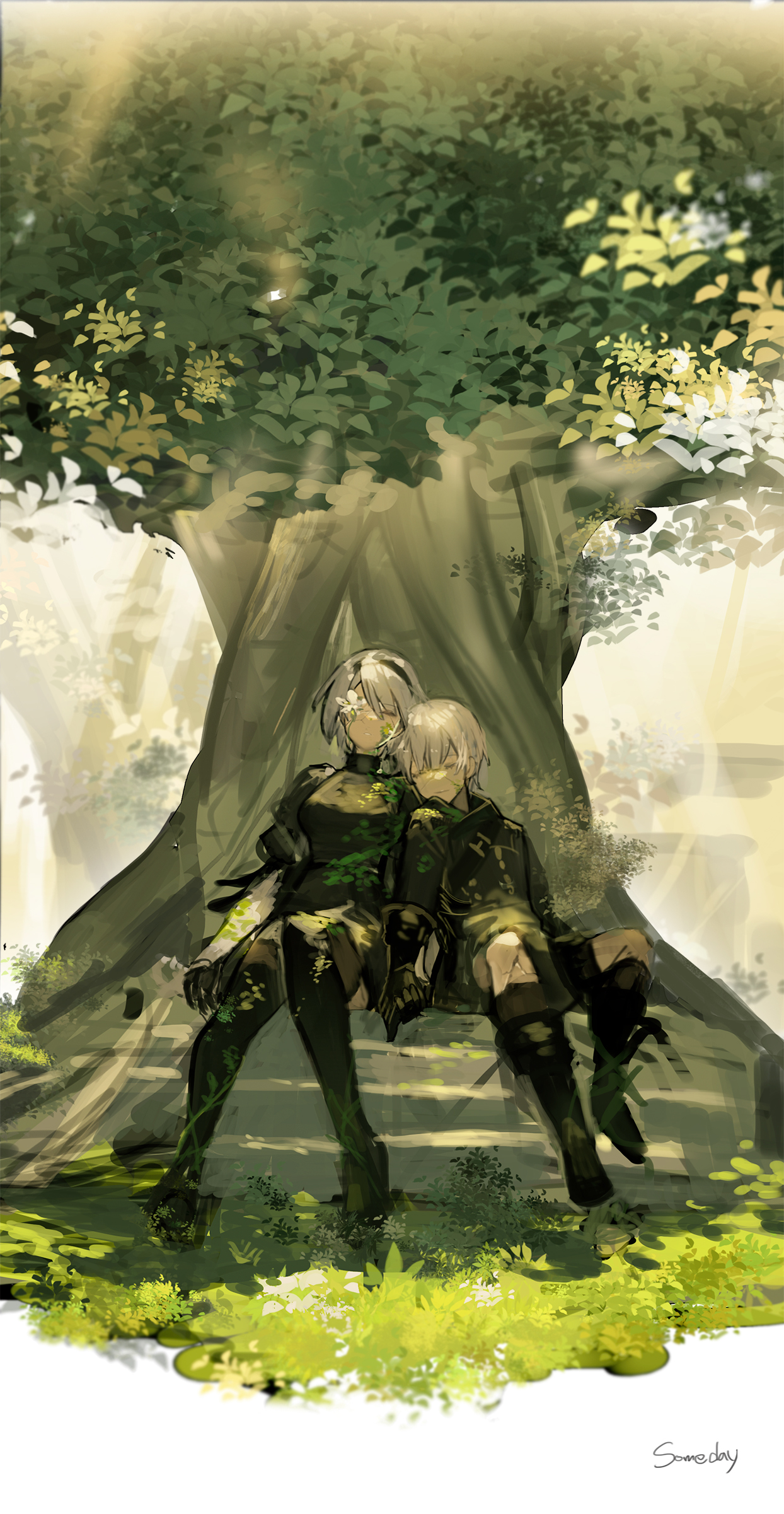 nahonanaho, 2b (nier:automata), 9s (nier:automata), nier:automata, nier (series), absurdres, commentary request, highres, korean commentary, 1boy, 1girl, black boots, black dress, black gloves, black hairband, black shirt, boots, breasts, closed eyes, closed mouth, cracked skin, dress, flower, flower over eye, gloves, grass, hairband, holding hands, knee boots, medium breasts, one eye covered, parted lips, shade, shirt, short hair, sleeping, thigh boots, tree, under tree, white hair