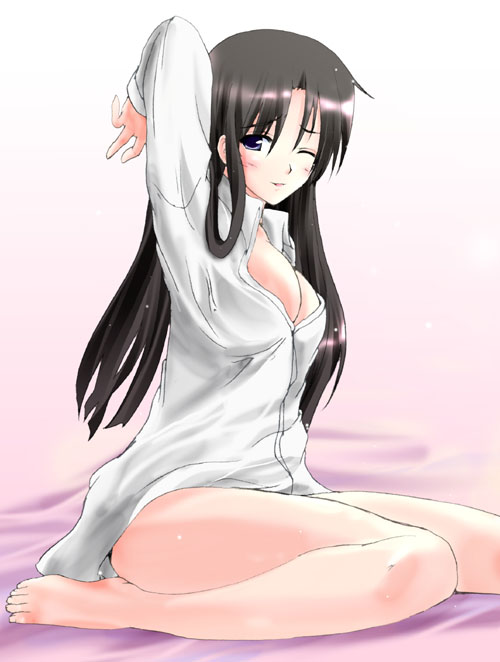 1girl, black eyes, black hair, female focus, long hair, naked shirt, one eye closed, open clothes, plantar flexion, shirt, sitting, sleepy, solo, stretching, wariza, wink