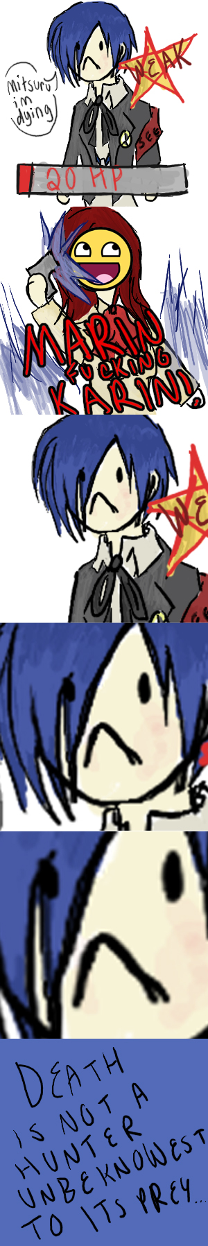 kirijou mitsuru, yuuki makoto (persona 3), atlus, persona, persona 3, highres, long image, tall image, :<, awesome face, bad end, blue hair, comic, english text, marin fucking karin, meme, truth