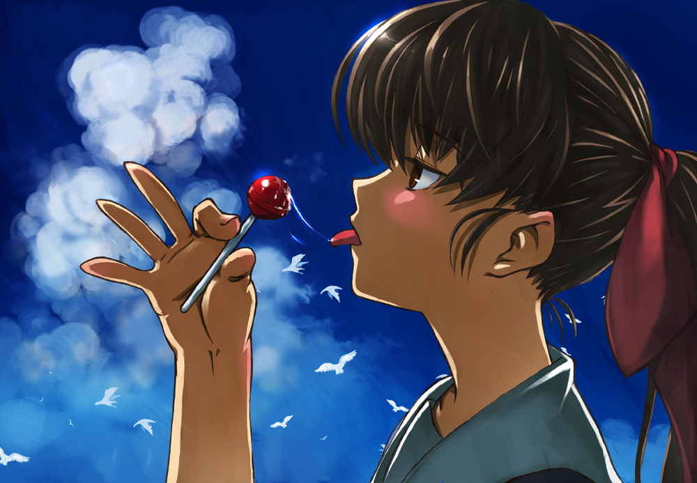 hirokiku, original, bad id, bad pixiv id, 1girl, bird, blush, brown eyes, brown hair, candy, cloud, day, female focus, food, licking, lollipop, ponytail, saliva, saliva trail, sexually suggestive, sky, solo