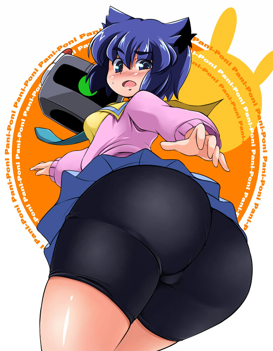 sugiura, serizawa akane, pani poni dash!, 00s, 1girl, ass, ass focus, bike shorts, bike shorts under skirt, blue eyes, blue hair, blush, copyright name, female focus, huge ass, looking back, matching hair/eyes, narrow waist, short hair, shorts, shorts under skirt, solo, thick thighs, thighs