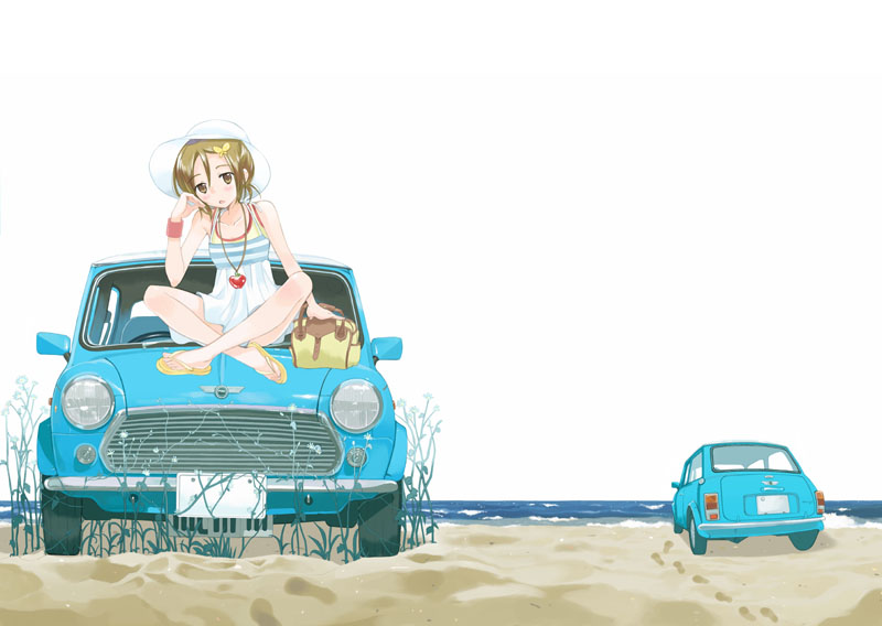 kazuto izumi, mini cooper, original, beach, car, dress, hat, jewelry, legs, motor vehicle, necklace, ocean, solo, sundress, vehicle focus