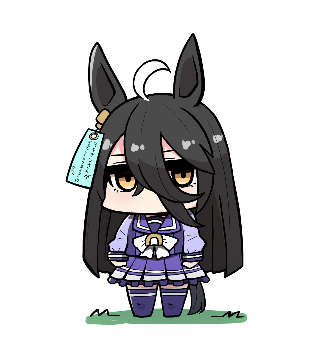kawamochi (tddm3573), manhattan cafe (umamusume), umamusume, translation request, 1girl, ahoge, animal ears, black hair, bow, brown eyes, chibi, full body, hair between eyes, horse ears, horse girl, horse tail, long hair, long sleeves, looking at viewer, multicolored hair, no shoes, pleated skirt, puffy long sleeves, puffy sleeves, purple shirt, purple skirt, purple thighhighs, shirt, simple background, skirt, sleeves past wrists, solo, standing, tail, tanzaku, thighhighs, two-tone hair, very long hair, white background, white bow, white hair