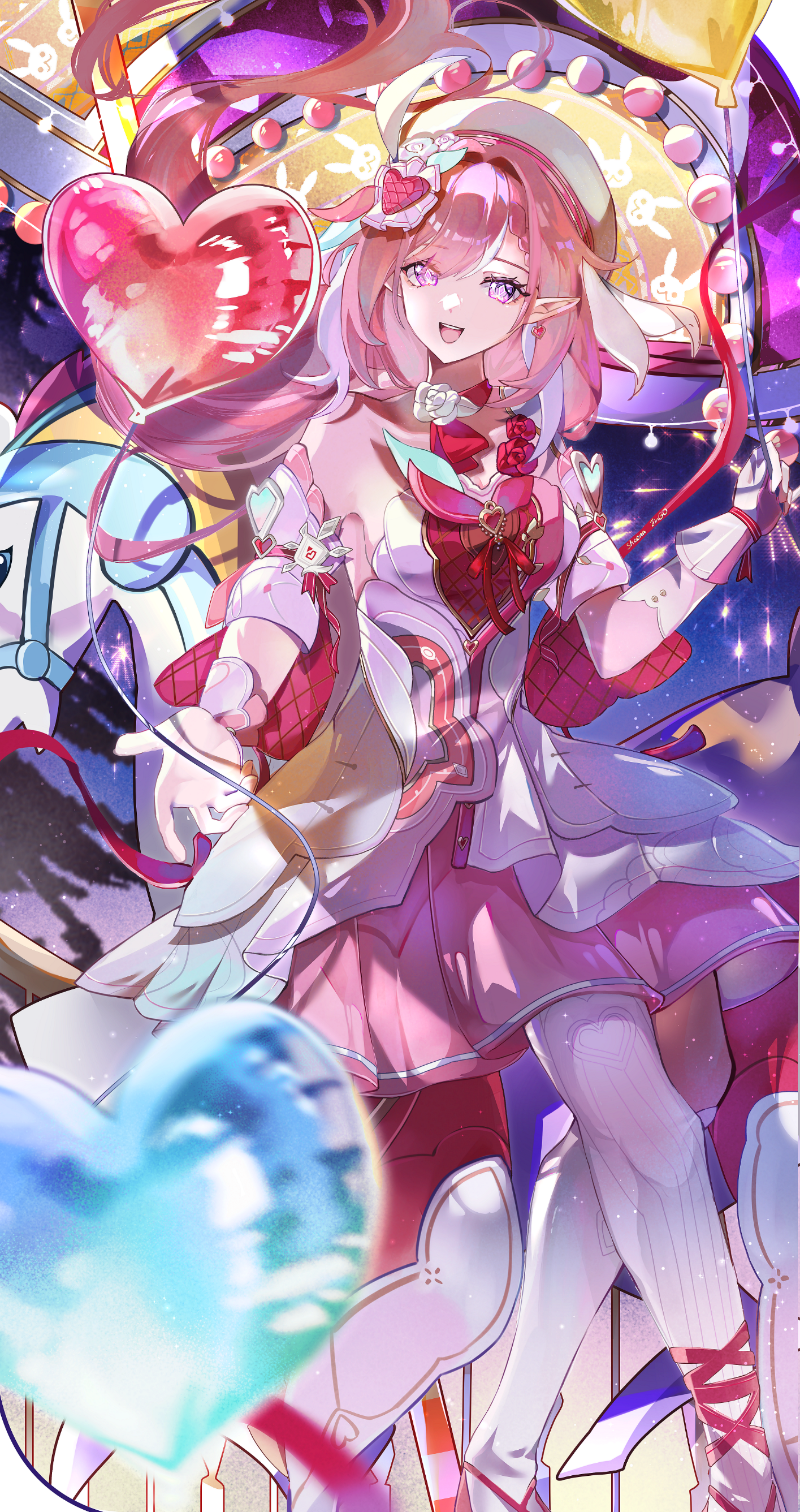 zhui ming jin ge, elysia (hi love elf) (honkai impact), elysia (honkai impact), honkai (series), honkai impact 3rd, absurdres, chinese commentary, commentary request, highres, textless version, 1girl, balloon, beret, breasts, diamond-shaped pupils, diamond (shape), dress, earrings, elf, gloves, hat, heart, heart balloon, heart earrings, jewelry, large breasts, long hair, multicolored hair, open mouth, pantyhose, pink dress, pink hair, pointy ears, purple eyes, single thighhigh, smile, solo, symbol-shaped pupils, thighhighs, two-tone dress, two-tone hair, very long hair, white dress, white gloves, white hair, white pantyhose, white thighhighs