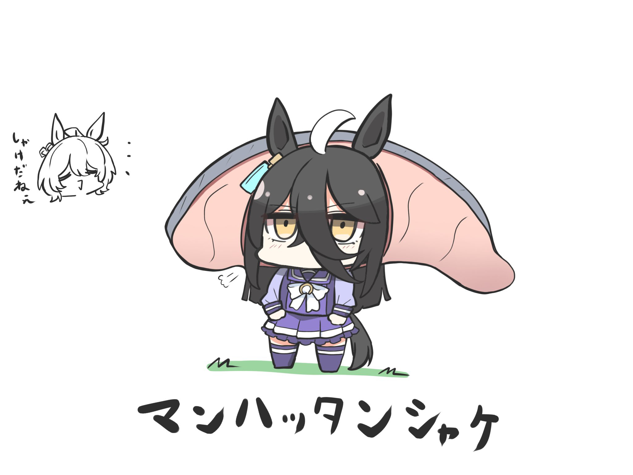 kawamochi (tddm3573), agnes tachyon (umamusume), manhattan cafe (umamusume), umamusume, highres, translation request, 2girls, :>, ahoge, animal ears, black hair, bow, brown eyes, chibi, closed eyes, hair between eyes, horse ears, horse girl, horse tail, long hair, long sleeves, multicolored hair, multiple girls, parted lips, pleated skirt, puffy long sleeves, puffy sleeves, purple shirt, purple skirt, purple thighhighs, school uniform, shirt, skirt, sleeves past wrists, solo focus, tail, thighhighs, tracen school uniform, triangle mouth, two-tone hair, very long hair, white background, white bow, white hair