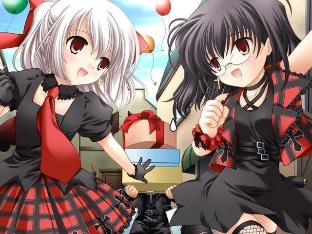 nimura yuuji, miu (triptych), natsuki (triptych), nayuta (triptych), riona (triptych), saiga (company), triptych, duplicate, game cg, 1boy, 2girls, balloon, belt, black hair, earrings, fishnets, glasses, goth fashion, happy, jewelry, multiple girls, necktie, open mouth, outdoors, plaid clothes, plaid skirt, red eyes, short hair, skirt, smile, vest, white hair