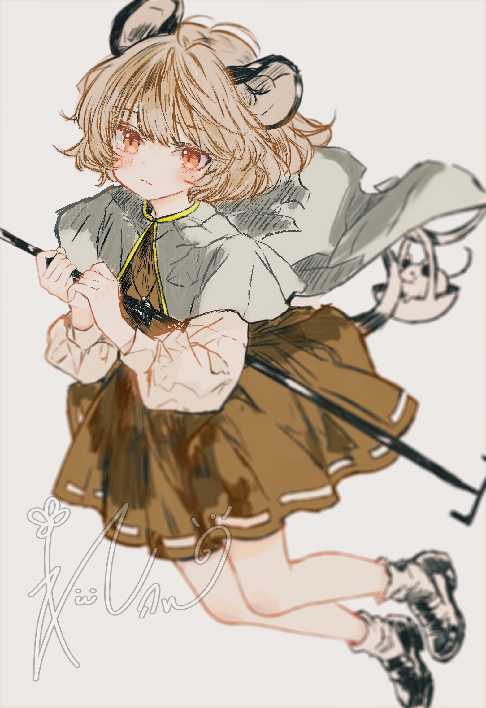 ichiya refi, nazrin, touhou, undefined fantastic object, highres, 1girl, animal, animal ears, basket, blush, brown dress, capelet, closed mouth, dowsing rod, dress, grey capelet, grey hair, holding, jewelry, long sleeves, looking at viewer, mouse ears, mouse tail, pendant, red eyes, shirt, shoes, short hair, signature, simple background, socks, solo, tail, white shirt, white socks