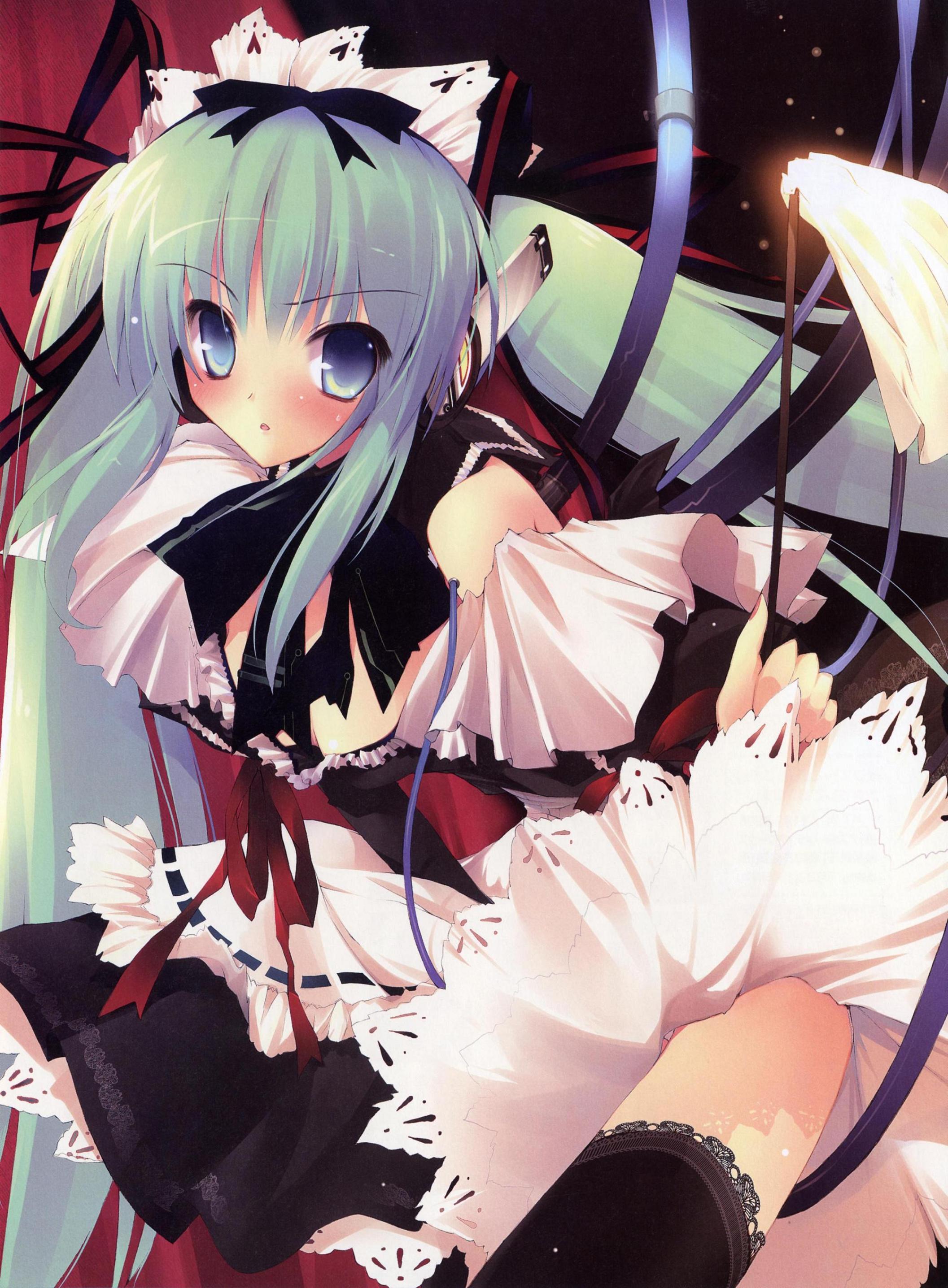 karory, zinno, absurdres, highres, 1girl, blue eyes, blush, female focus, green hair, long hair, maid, solo, thighhighs, twintails