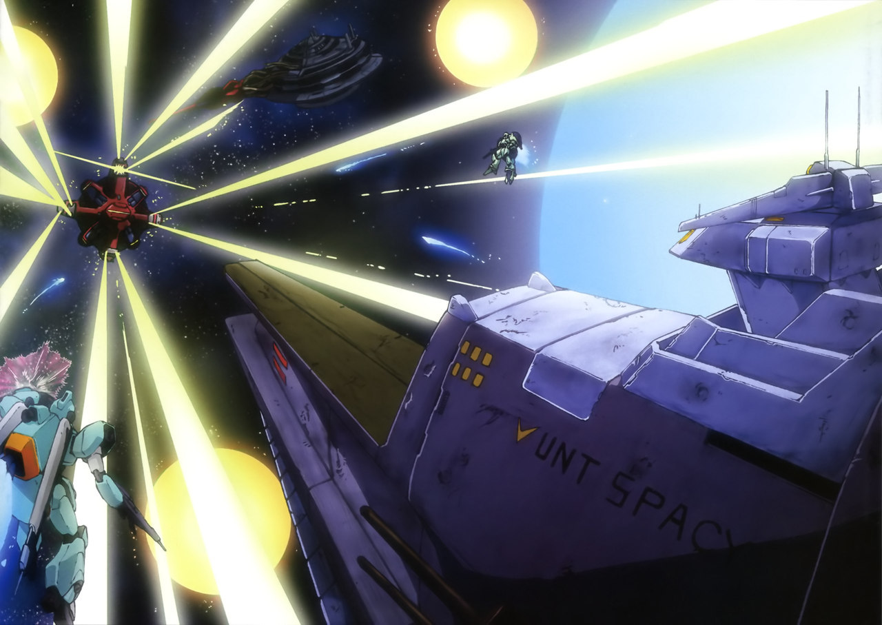 javelin (gundam), gundam, victory gundam, artist request, official art, battle, beam cannon, beam rifle, beam shield, earth federation space forces, energy, energy beam, energy gun, explosion, firing, fleet, gundam perfect file, holding, holding weapon, mecha, mecha focus, mobile suit, nebula, no humans, radio antenna, robot, roundel, scene reference, science fiction, space, spacecraft, star (sky), thrusters, weapon, zanscare, zero gravity