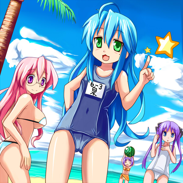 miru, hiiragi kagami, hiiragi tsukasa, izumi konata, takara miyuki, lucky star, bad id, bad pixiv id, 00s, 4girls, ahoge, beach, bikini, blue eyes, blue hair, breasts, cloud, day, food, fruit, glasses, green eyes, hair ribbon, large breasts, mole, mole under eye, multiple girls, one-piece swimsuit, open mouth, outdoors, pink hair, purple eyes, purple hair, ribbon, school swimsuit, siblings, sideboob, sisters, standing, swimsuit, tareme, thighs, tsurime, twins, twintails, water, watermelon