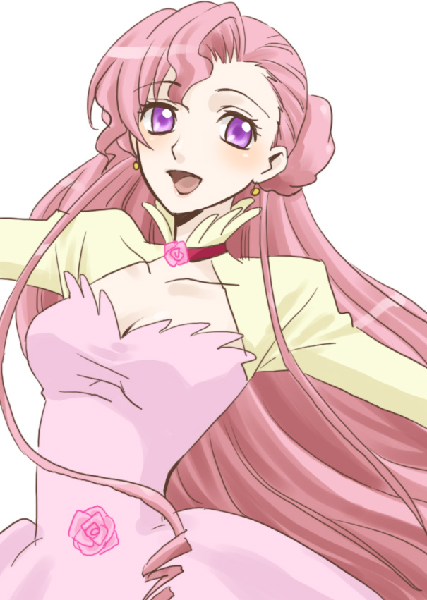 kirako, euphemia li britannia, code geass, 00s, donut hair bun, dress, hair bun, long hair, pink hair, solo