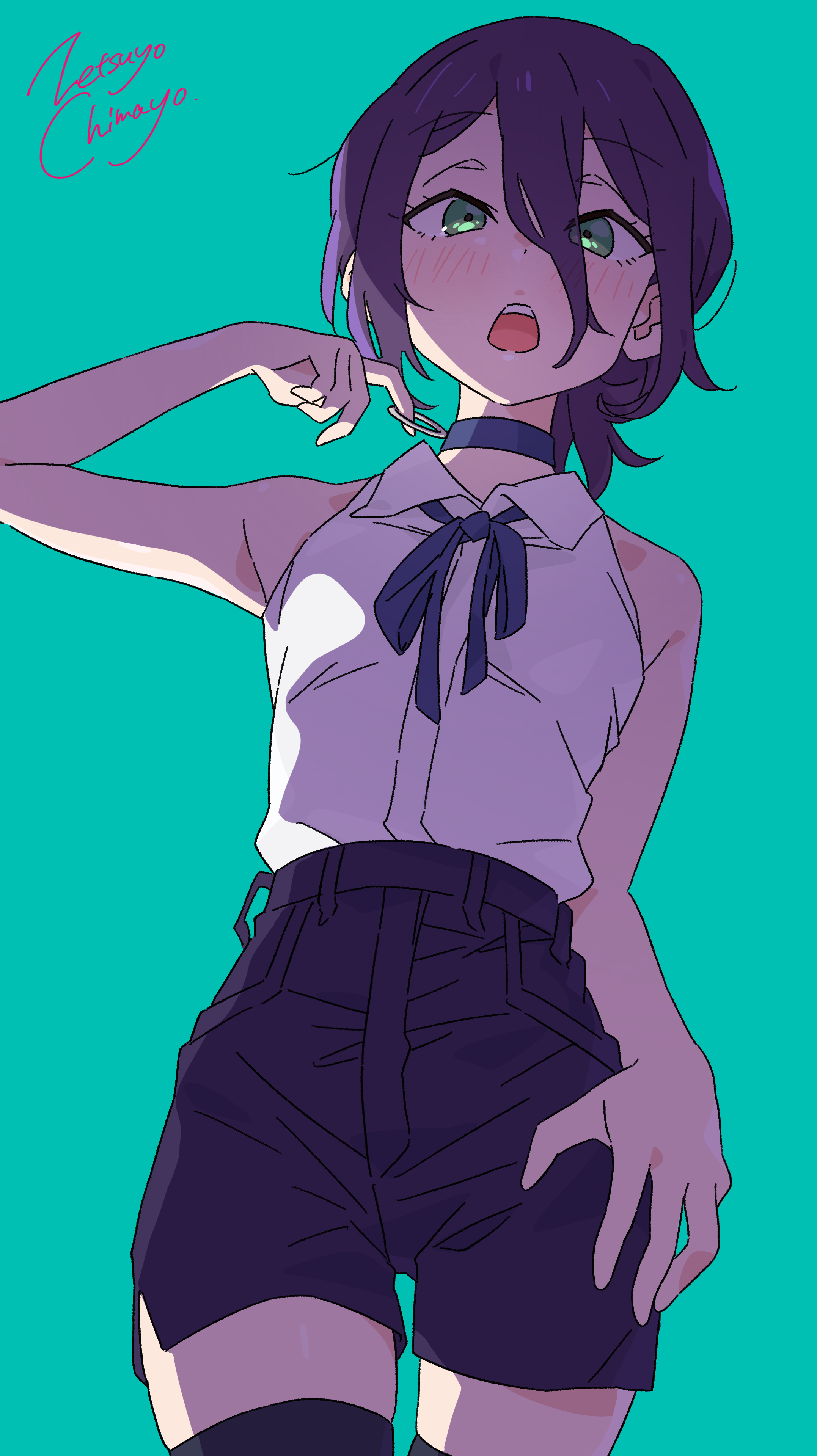 zetsuyo chimayo, reze (chainsaw man), chainsaw man, absurdres, highres, 1girl, aqua background, artist name, bare arms, bare shoulders, black shorts, black thighhighs, blue background, blush, breasts, choker, collared shirt, cowboy shot, dress shirt, green eyes, hair between eyes, high-waist shorts, long bangs, looking at viewer, medium hair, open mouth, purple hair, ribbon, shirt, short shorts, shorts, signature, simple background, sleeveless, sleeveless shirt, small breasts, solo, teeth, thighhighs, upper teeth only, white shirt