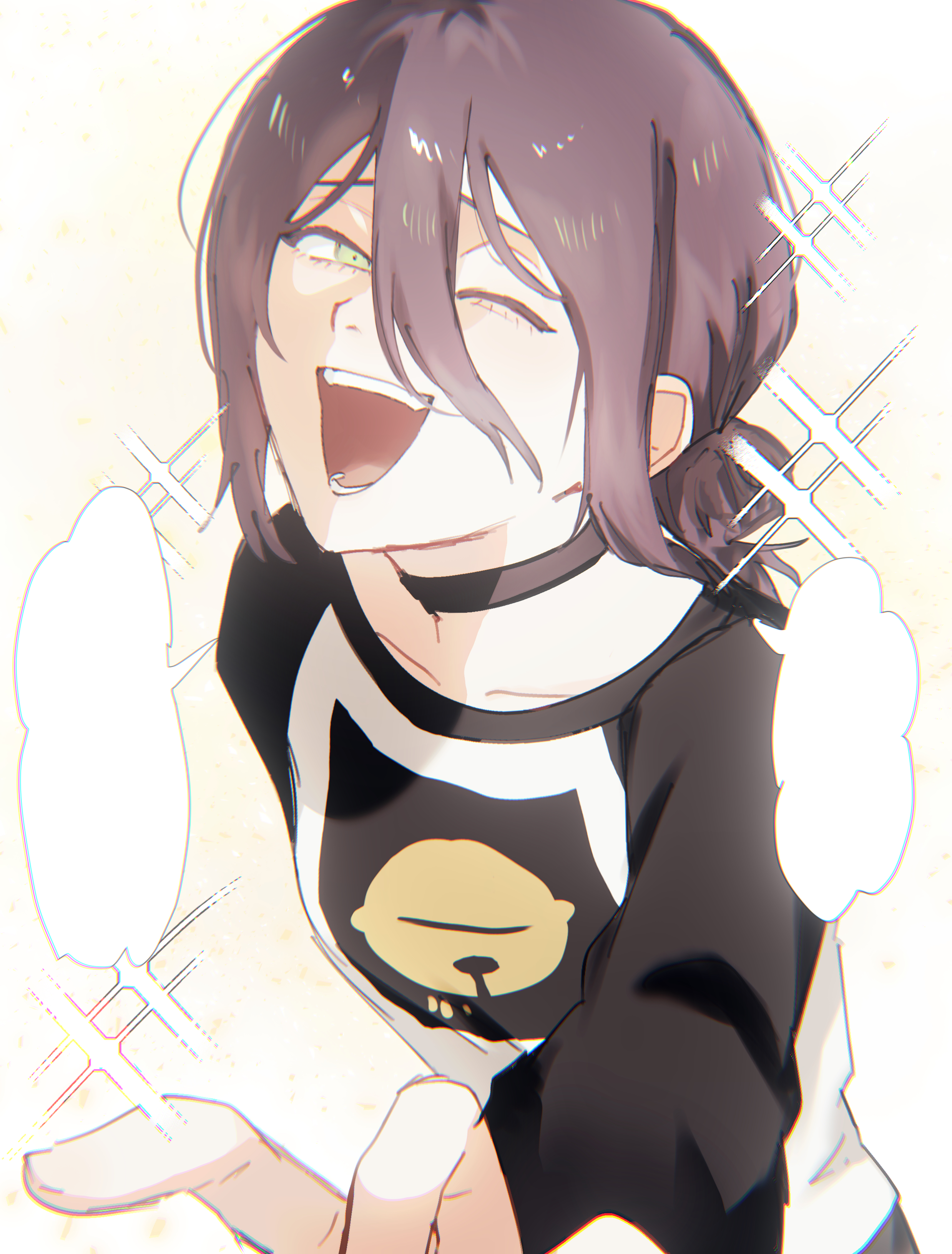 reze (chainsaw man), chainsaw man, absurdres, commentary request, highres, 1girl, black hair, black sleeves, green eyes, hair between eyes, hair bun, laughing, one eye closed, open mouth, shirt, solo, teeth, white shirt, ye mv120