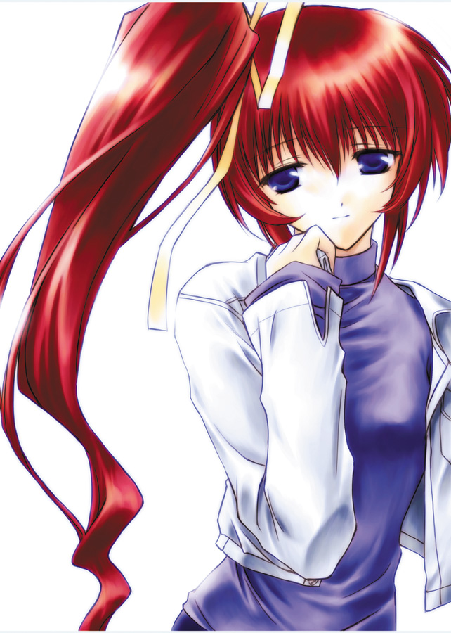 morino kiriko, takase mizuki, comic party, 00s, blue eyes, hair ribbon, jacket, long hair, red hair, ribbon, side ponytail, solo