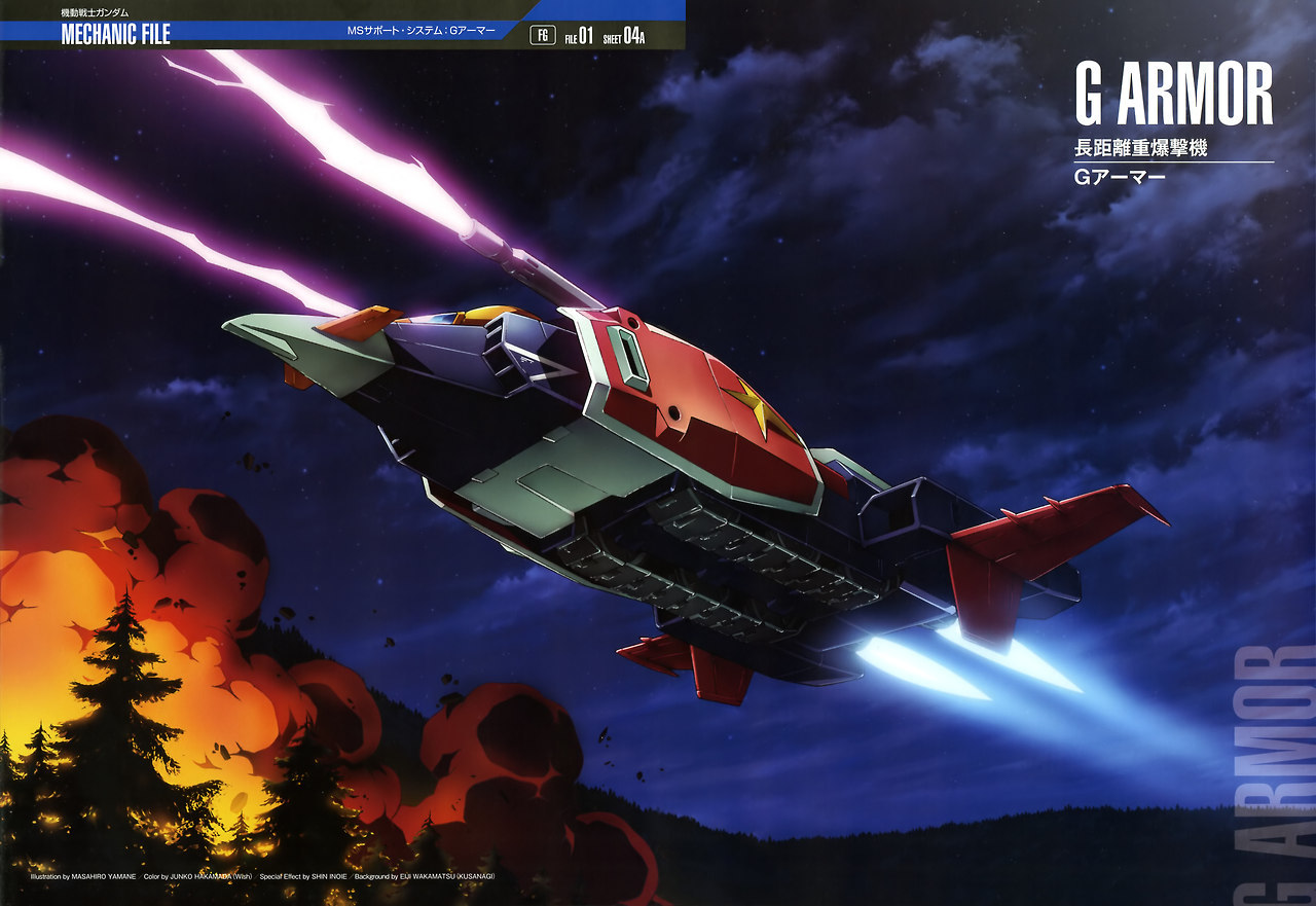 yamane masahiro, gundam, mobile suit gundam, official art, battle, beam cannon, burning, canards, caterpillar tracks, character name, cloud, earth federation, energy, energy beam, fire, firing, flying, g-armor, gundam perfect file, machinery, mecha, mecha focus, mixed-language text, night, night sky, no humans, pine tree, robot, roundel, scene reference, science fiction, shield, sky, spacecraft, starfighter, thrusters, tree