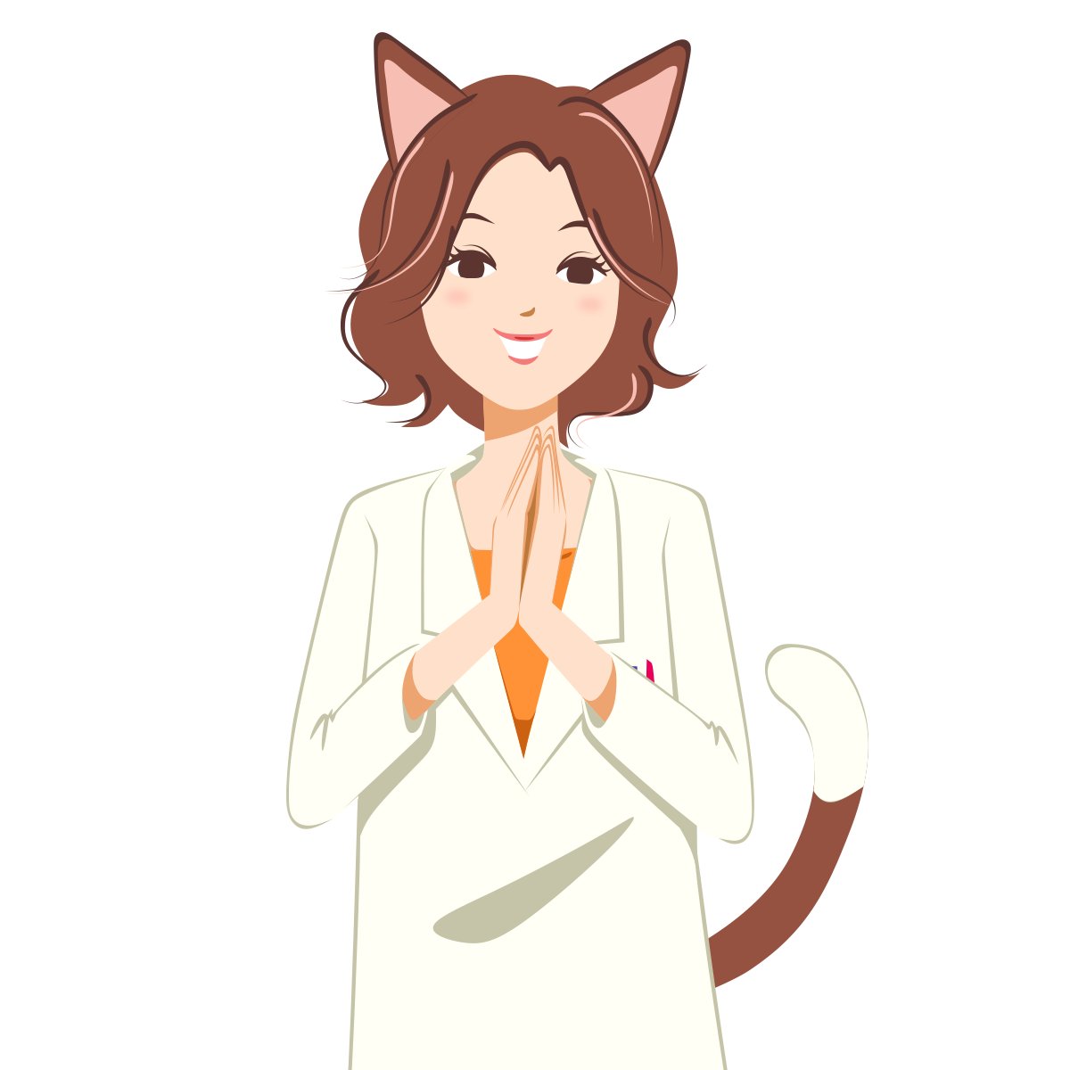 tamada masao, miki (asken), asken, highres, official art, 1girl, animal ears, blush, brown eyes, brown hair, cat ears, cat tail, coat, forehead, hands up, lab coat, long sleeves, open mouth, orange shirt, own hands together, palms together, parted bangs, shirt, short hair, simple background, smile, solo, tail, upper body, wavy hair, white background, white coat