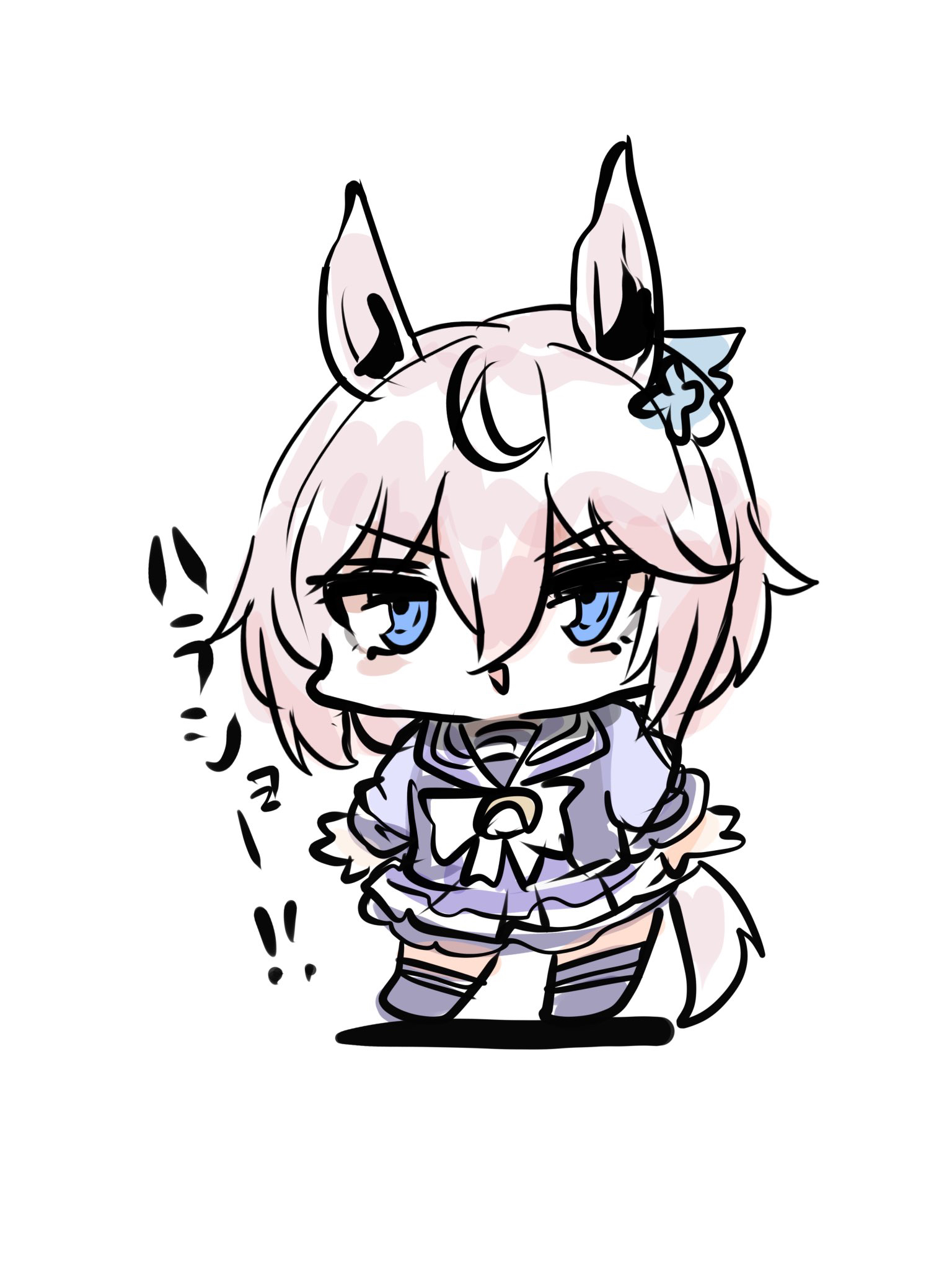 kawamochi (tddm3573), umamusume, character request, highres, translation request, 1girl, :>, animal ears, blue eyes, blush stickers, bow, brown hair, chibi, full body, hair between eyes, horse ears, horse girl, horse tail, long sleeves, looking at viewer, parted lips, pleated skirt, puffy long sleeves, puffy sleeves, purple shirt, purple skirt, purple thighhighs, school uniform, shadow, shirt, simple background, sketch, skirt, solo, standing, tail, thighhighs, tracen school uniform, triangle mouth, white background, white bow