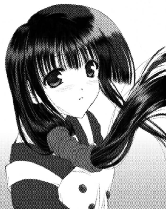 morino kiriko, hasebe aya, comic party, 00s, 1girl, blunt bangs, blush, buttons, female focus, floating hair, grey background, greyscale, hair over shoulder, long hair, looking at viewer, low ponytail, monochrome, ponytail, simple background, solo, upper body, very long hair