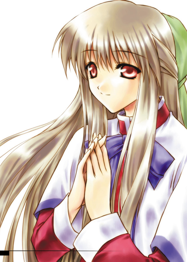 morino kiriko, kurata sayuri, kanon, light brown hair, 1girl, blue bow, bow, capelet, closed mouth, female focus, hair ornament, half updo, long hair, long sleeves, own hands together, red eyes, ribbon, school uniform, sidelocks, simple background, smile, solo, upper body, white background