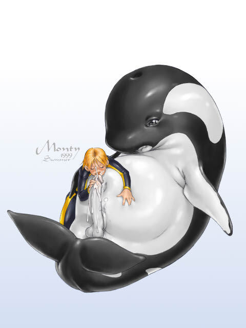po-ju, 1boy, 1girl, bestiality, blonde hair, bodysuit, closed eyes, cum, diving suit, ejaculation, erection, fellatio, gradient background, grey eyes, hetero, interspecies, oral, orca, penis, short hair, shota, uncensored, wetsuit, whale, what