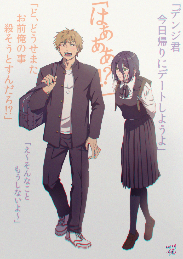 sn2k, denji (chainsaw man), reze (chainsaw man), chainsaw man, translation request, 1boy, 1girl, arms behind back, backpack, bag, black dress, black jacket, black pants, black pantyhose, blonde hair, closed mouth, collared shirt, dress, fourth east high school uniform, gakuran, green eyes, hair between eyes, hair bun, jacket, open mouth, pants, pantyhose, pinafore dress, school bag, school uniform, sharp teeth, shirt, short hair, sleeveless, sleeveless dress, smile, teeth, white shirt