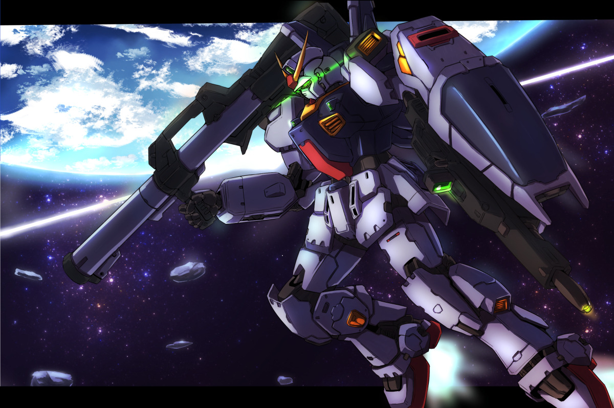 gundam mk ii, gundam, zeta gundam, artist request, official art, aeug, asteroid, battle, bazooka (gundam), beam rifle, cloud, debris, earth (planet), energy, energy beam, energy gun, glowing, glowing eyes, green eyes, gundam perfect file, holding, holding weapon, in orbit, lens flare, machinery, mecha, mecha focus, mobile suit, nebula, no humans, planet, robot, scene reference, science fiction, shield, solo, space, star (sky), thrusters, v-fin, weapon, zero gravity