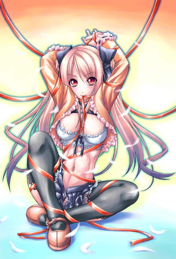 teku, teku (2nd escape), original, 1girl, breasts, female focus, large breasts, long hair, open clothes, open shirt, panties, pantyshot, pink hair, red eyes, ribbon, shirt, skirt, solo, striped clothes, striped panties, thighhighs, underwear, upskirt