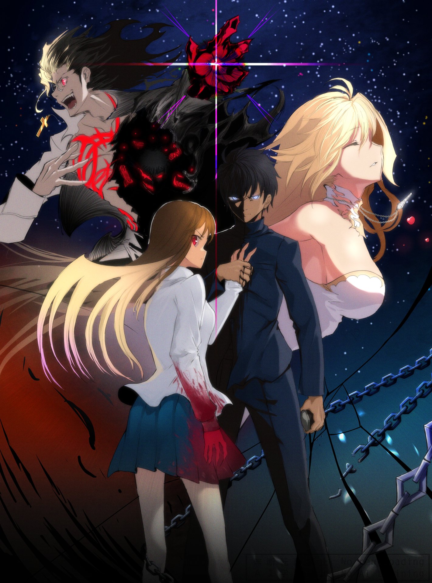 burleciel, archetype earth, arcueid brunestud, michael roa valdamjong, nrvnqsr chaos, tohno shiki, yumizuka satsuki, tsukihime, tsukihime (remake), highres, 2girls, 3boys, ahoge, angry, bare shoulders, black hair, blonde hair, blood, blood on clothes, blood on hands, breasts, brown hair, chain, closed eyes, collared shirt, crest, cross, cross necklace, dress, evil smile, fangs, fingernails, floating clothes, floating hair, gold trim, grabbing another's hand, grey hair, hair slicked back, holding, holding weapon, huge breasts, jewelry, knife, long hair, looking at another, looking back, monster, multiple boys, multiple girls, mystic eyes of death perception, nanatsu-yoru, necklace, night, night sky, open clothes, open shirt, red eyes, reverse grip, school uniform, sharp fingernails, sharp teeth, shirt, short hair, sideboob, skirt, sky, smile, souya high school uniform, star (sky), starry sky, teeth, vampire, very long hair, wavy hair, weapon, white dress, white shirt