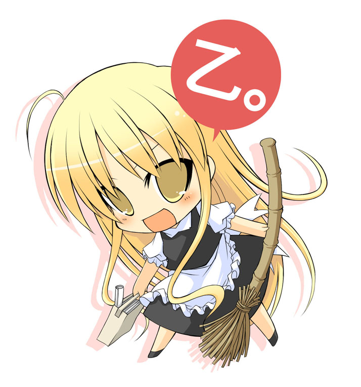 nikubanare, kirisame marisa, touhou, 1girl, :d, ahoge, apron, arm at side, bag, bamboo broom, black shoes, black skirt, black vest, blonde hair, broom, chibi, female focus, frilled apron, frilled sleeves, frills, full body, holding, holding bag, holding broom, long hair, no headwear, open mouth, puffy short sleeves, puffy sleeves, shirt, shoes, short sleeves, skirt, smile, solo, speech bubble, standing, vest, waist apron, white apron, white shirt, yellow eyes