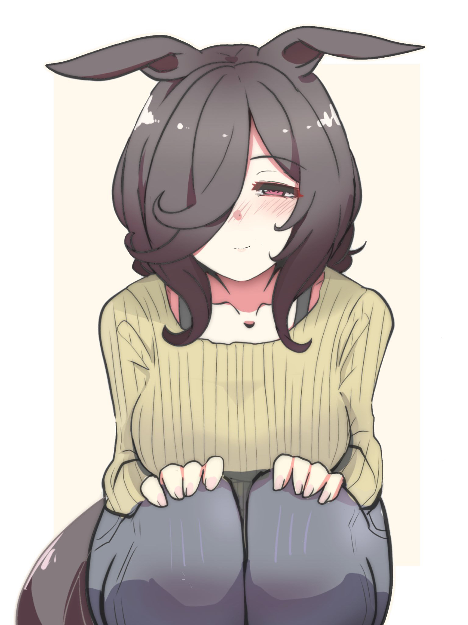 kawamochi (tddm3573), rice shower (umamusume), umamusume, highres, 1girl, aged up, alternate costume, animal ears, blush, brown hair, collarbone, denim, flipped hair, hair over one eye, hands on own knees, horse ears, horse girl, horse tail, jeans, long hair, long sleeves, looking at viewer, pants, red eyes, solo, squatting, sweater, tail, yellow sweater