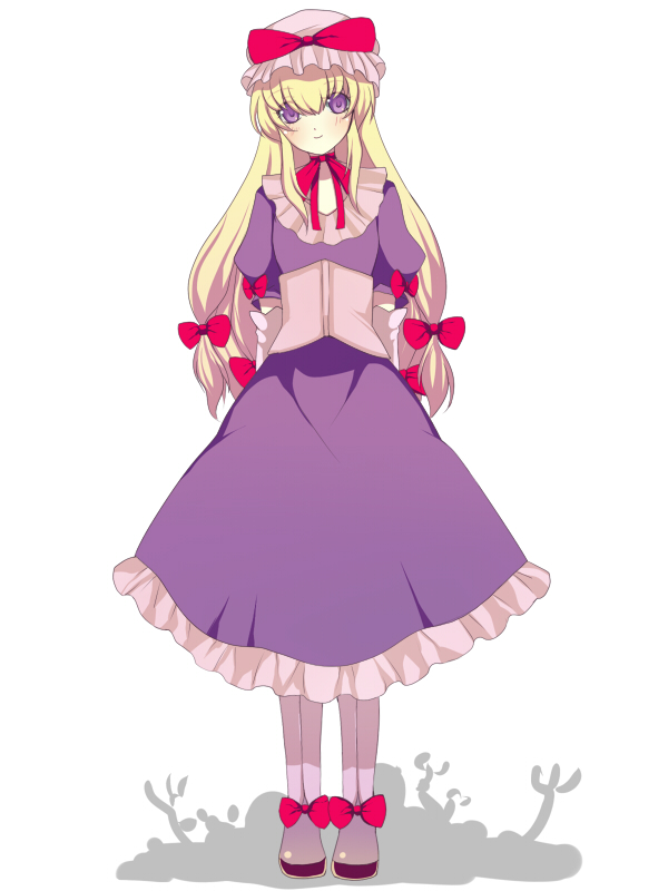 harano, yakumo yukari, touhou, 1girl, blonde hair, boots, dress, female focus, full body, hair ribbon, purple eyes, ribbon, simple background, solo, white background