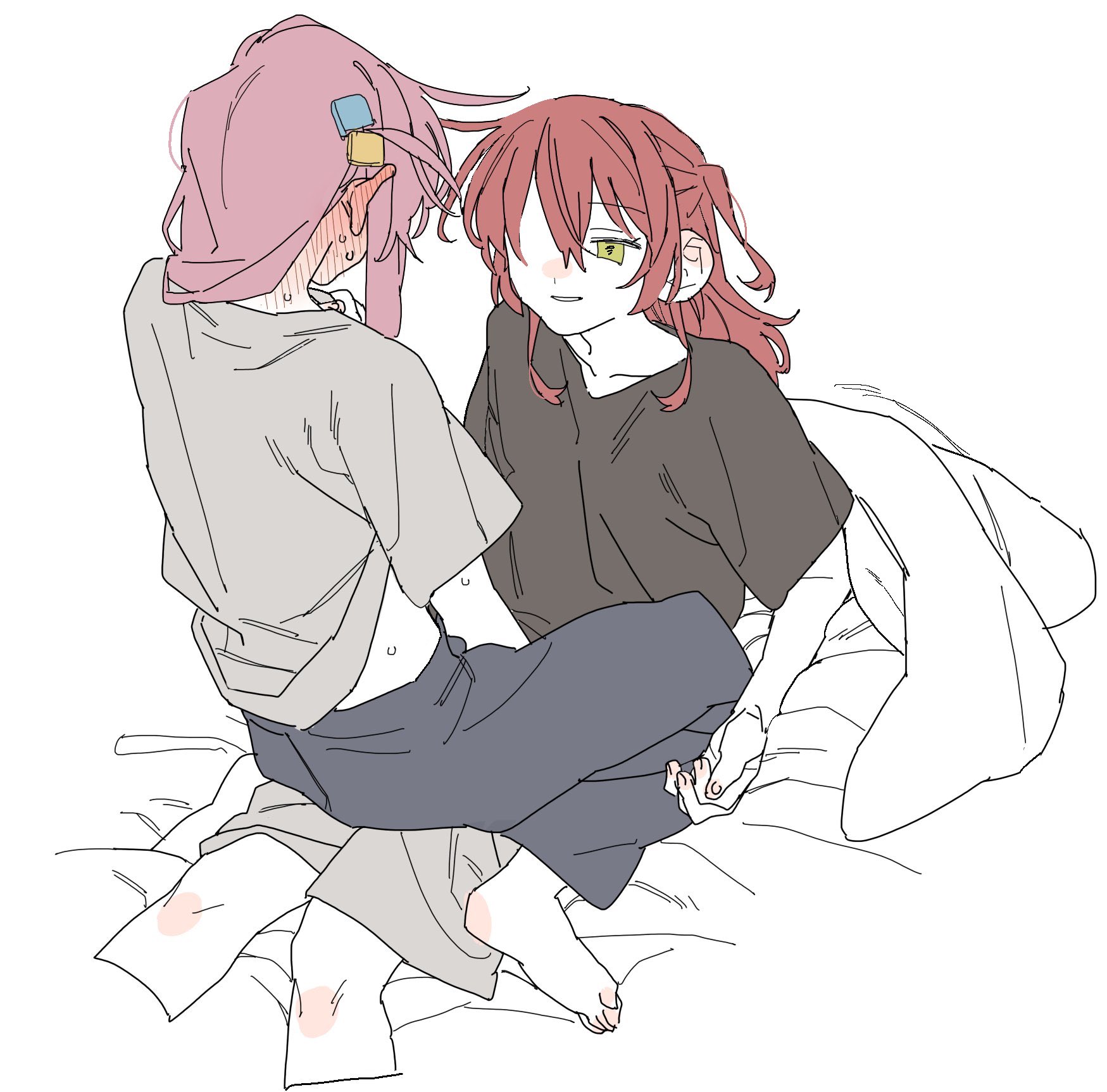 dayama, gotoh hitori, kita ikuyo, bocchi the rock!, commentary request, highres, 2girls, barefoot, black shirt, blush, cube hair ornament, ear blush, green eyes, grey pants, grey shirt, hair ornament, long hair, multiple girls, one side up, pants, parted lips, pink hair, red hair, shirt, short sleeves, simple background, sitting, sitting on lap, sitting on person, smile, sweat, white background, yuri