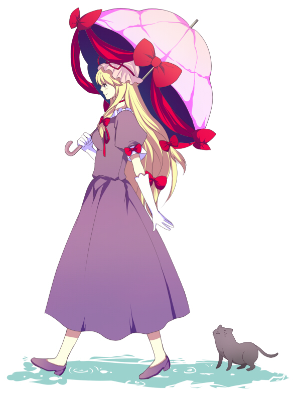harano, yakumo yukari, touhou, 1girl, cat, dress, female focus, full body, gloves, hat, parasol, solo, umbrella, white background