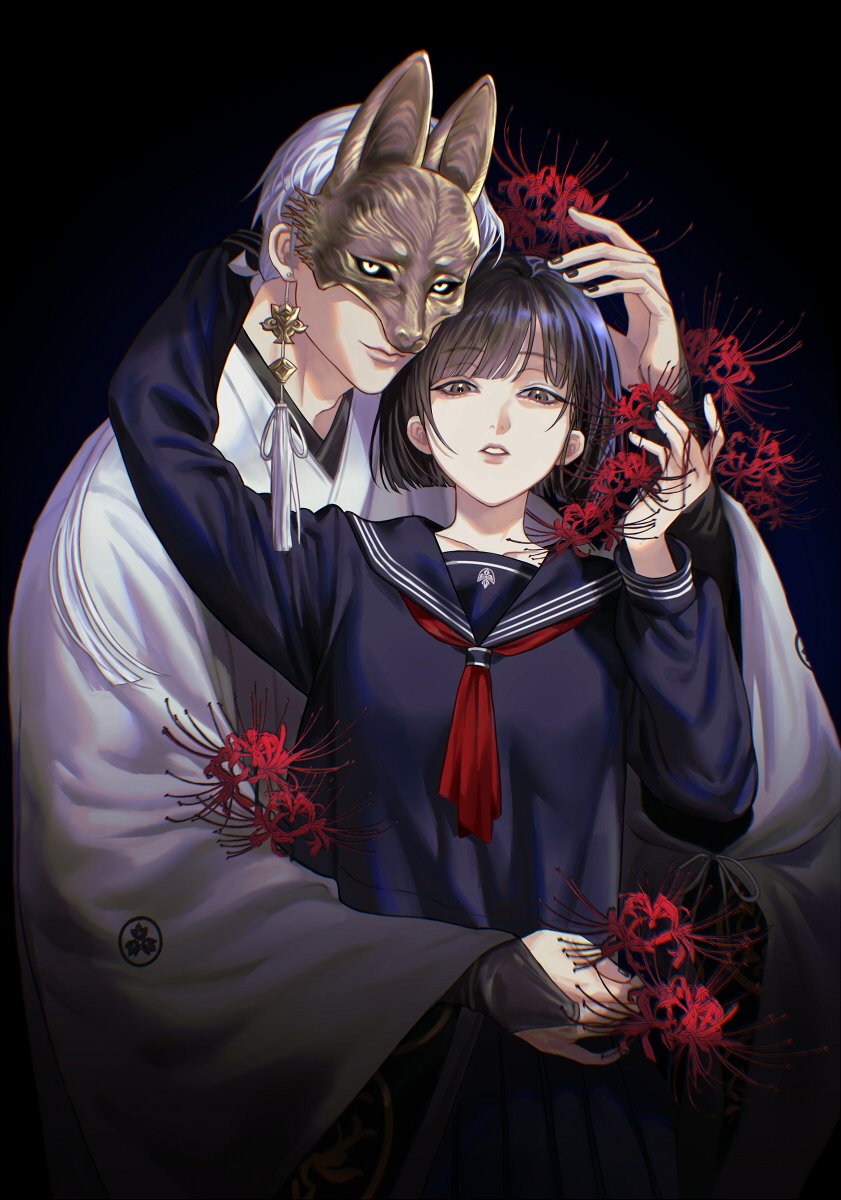 leghair180, fox mask (silent hill), shimizu hinako, silent hill (series), silent hill f, highres, 1boy, 1girl, black hair, black sailor collar, black sclera, black serafuku, colored sclera, earrings, flower, fox mask, hug, japanese clothes, jewelry, kimono, mask, neckerchief, red neckerchief, robe, sailor collar, school uniform, serafuku, spider lily, tassel, tassel earrings, white hair, white kimono, white robe