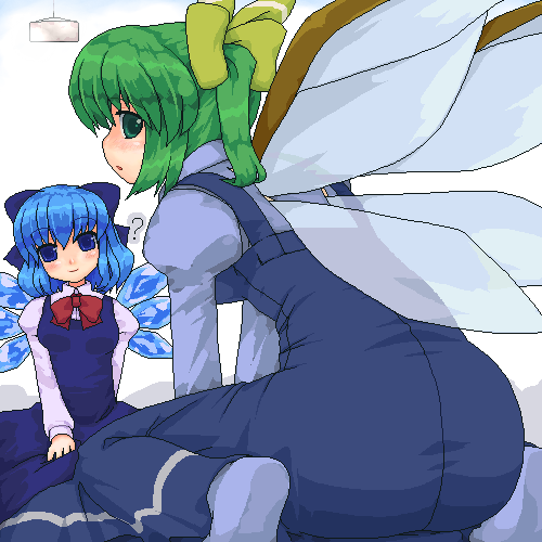 ktsecond, cirno, daiyousei, embodiment of scarlet devil, touhou, lowres, 2girls, ?, ass, blue eyes, blue hair, bow, dress, female focus, green eyes, green hair, hair bow, hair ribbon, multiple girls, ribbon, sitting, socks, wings